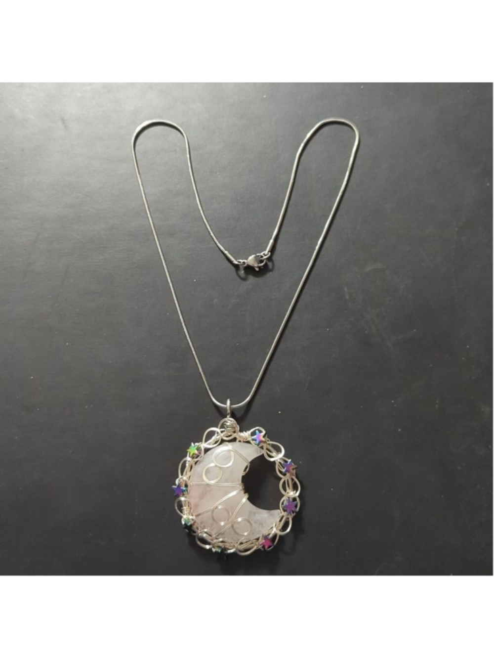 Silver Tone Wire Wrap Pink Rose Quartz Gemstone Crescent Moon Pendant Necklace - Picture 2 of 3